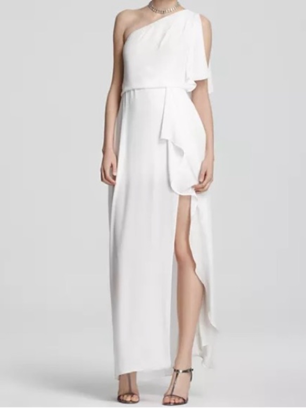 BCBGMaxAzria White One-Shoulder Evening Gown with Side Drape